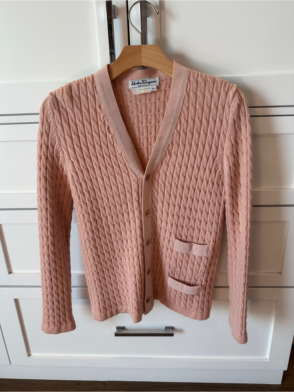 Vintage Salvatore Ferragamo Blush Pink Cable-Knit Cotton Cardigan